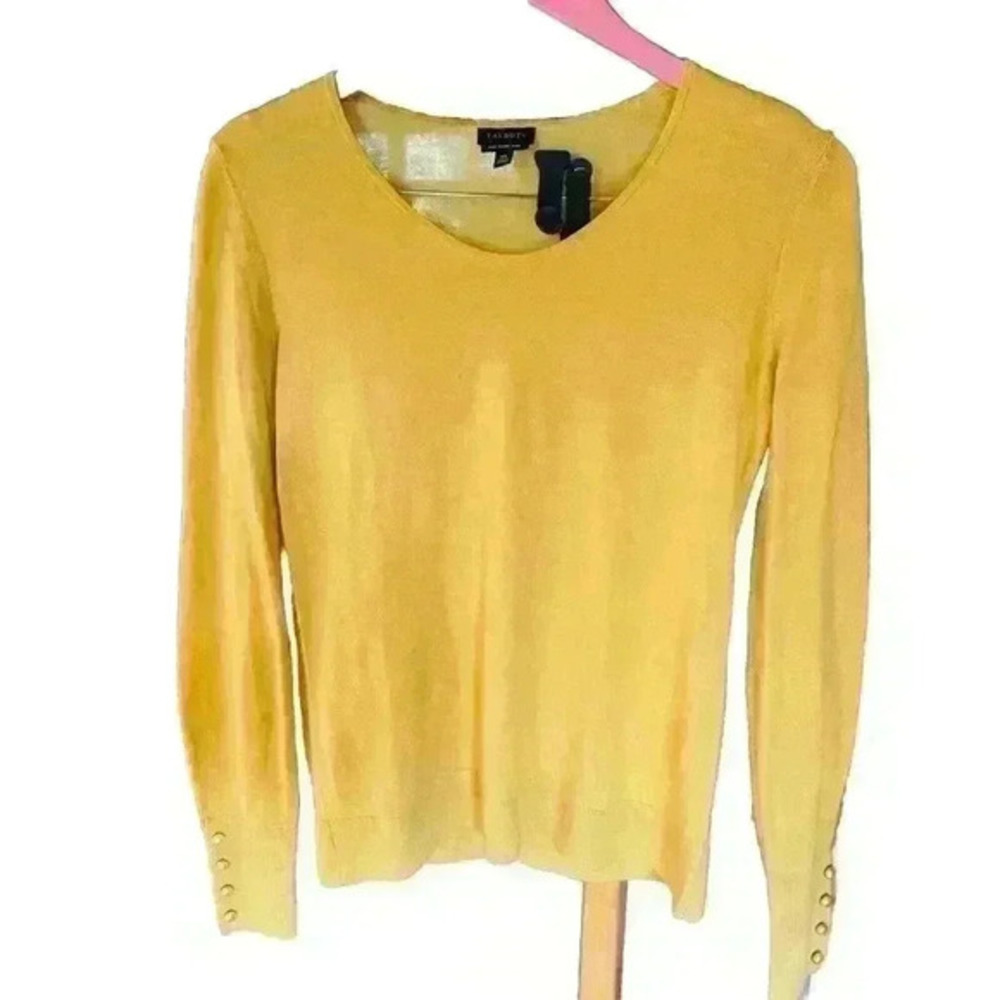 Talbots Pure Merino Wool Sweater Womens Size XS Yellow Pearl Sleeve Accent